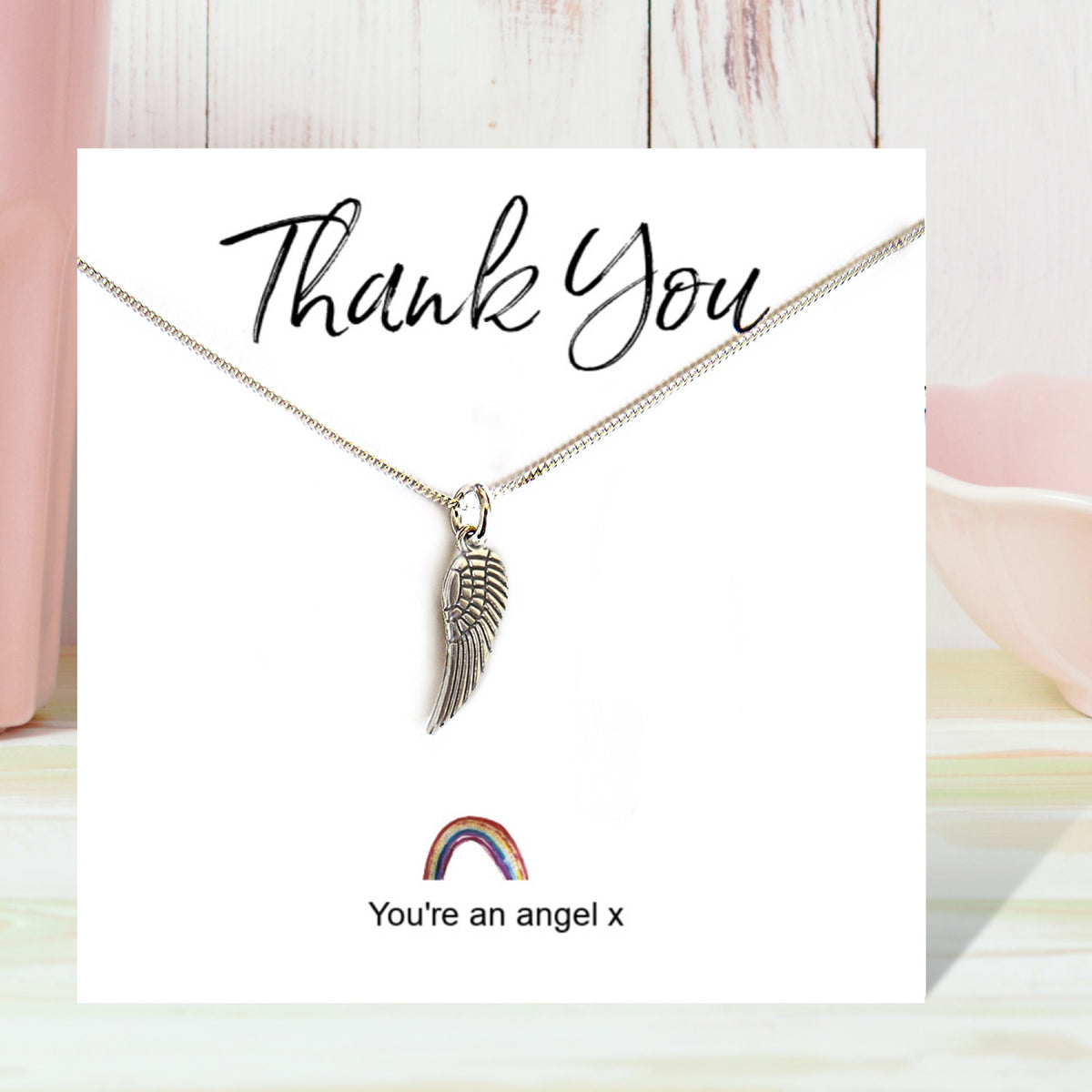 Angel Wing Necklace on Rainbow Thank You & Gift Card