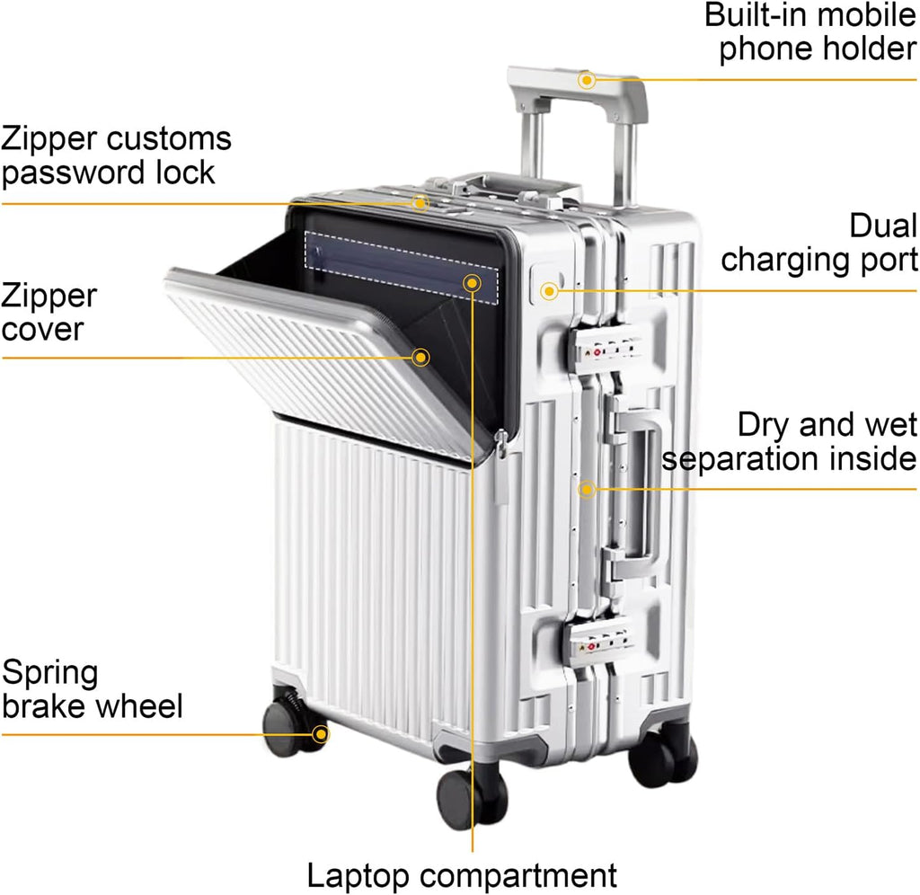 20 Inch Carry On Suitcase TSA Lock Hard Shell Aluminium Frame Silver Cabin Luggage