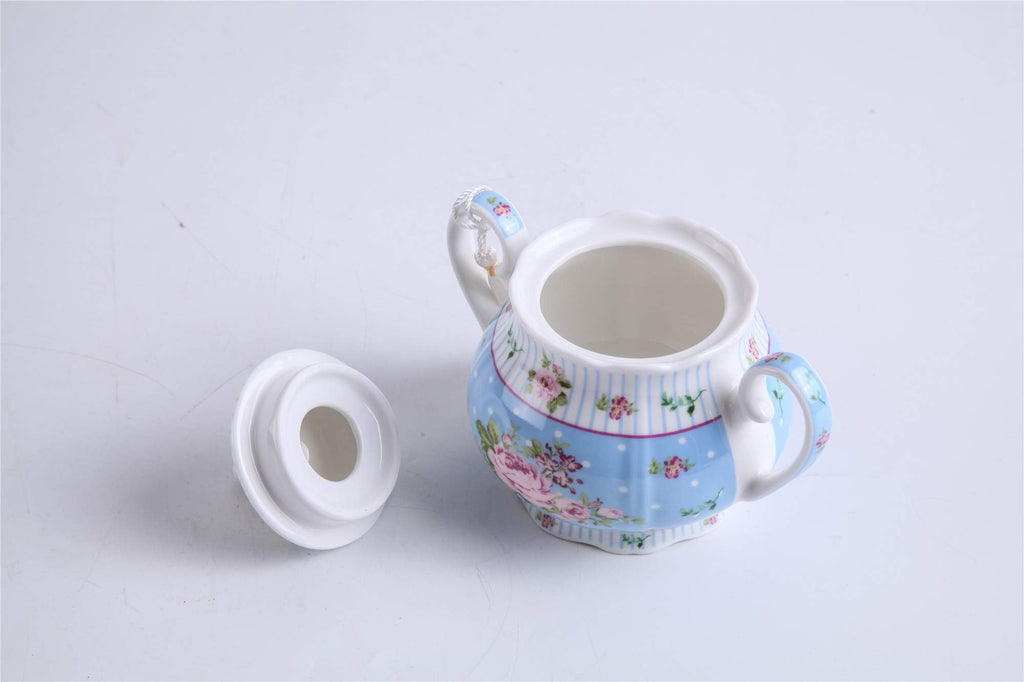 Porcelain Teapot Sets Teapot Sugar Bowl and Cream Milk Jug Shabby Chic Vintage Floral in Gift Box (Blue)
