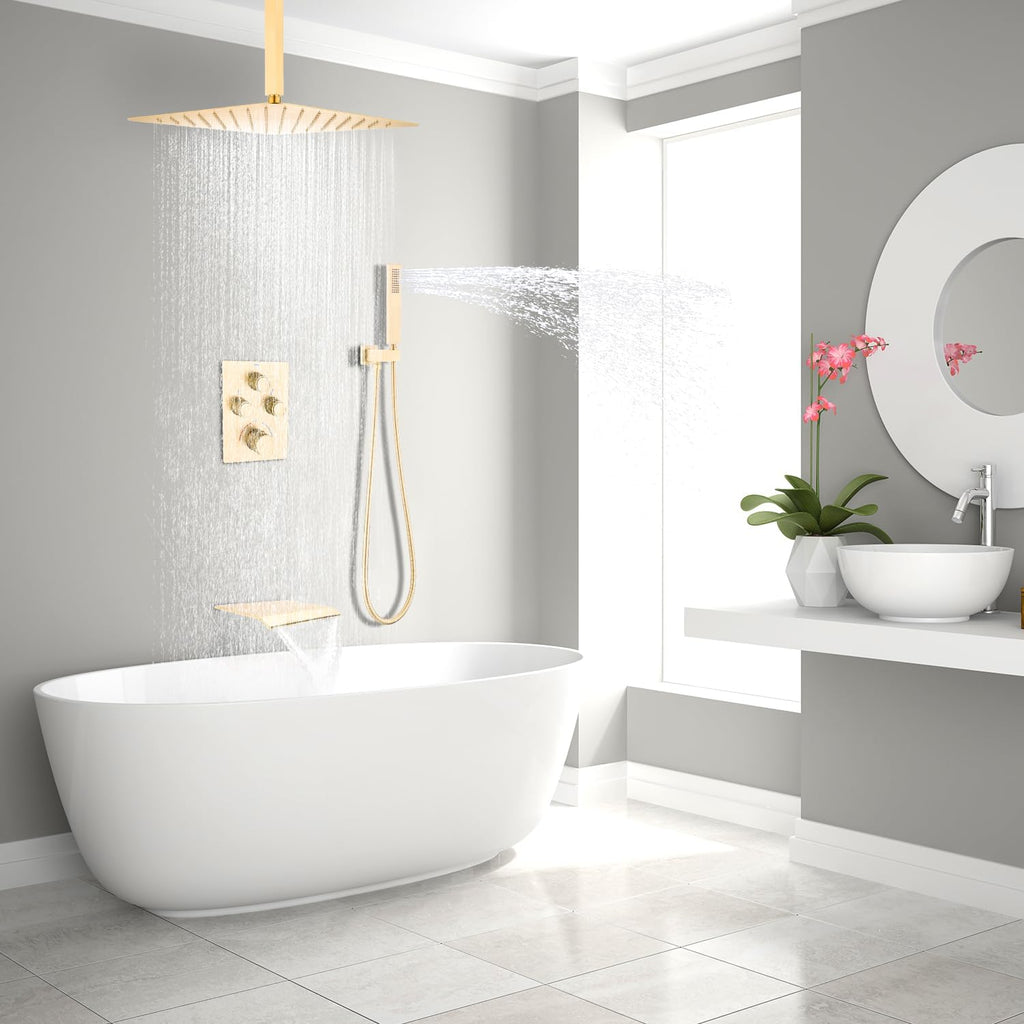 12 Inch Shower System Brass Mixer Waterfall Tub Spout Brushed Gold Bathroom Set