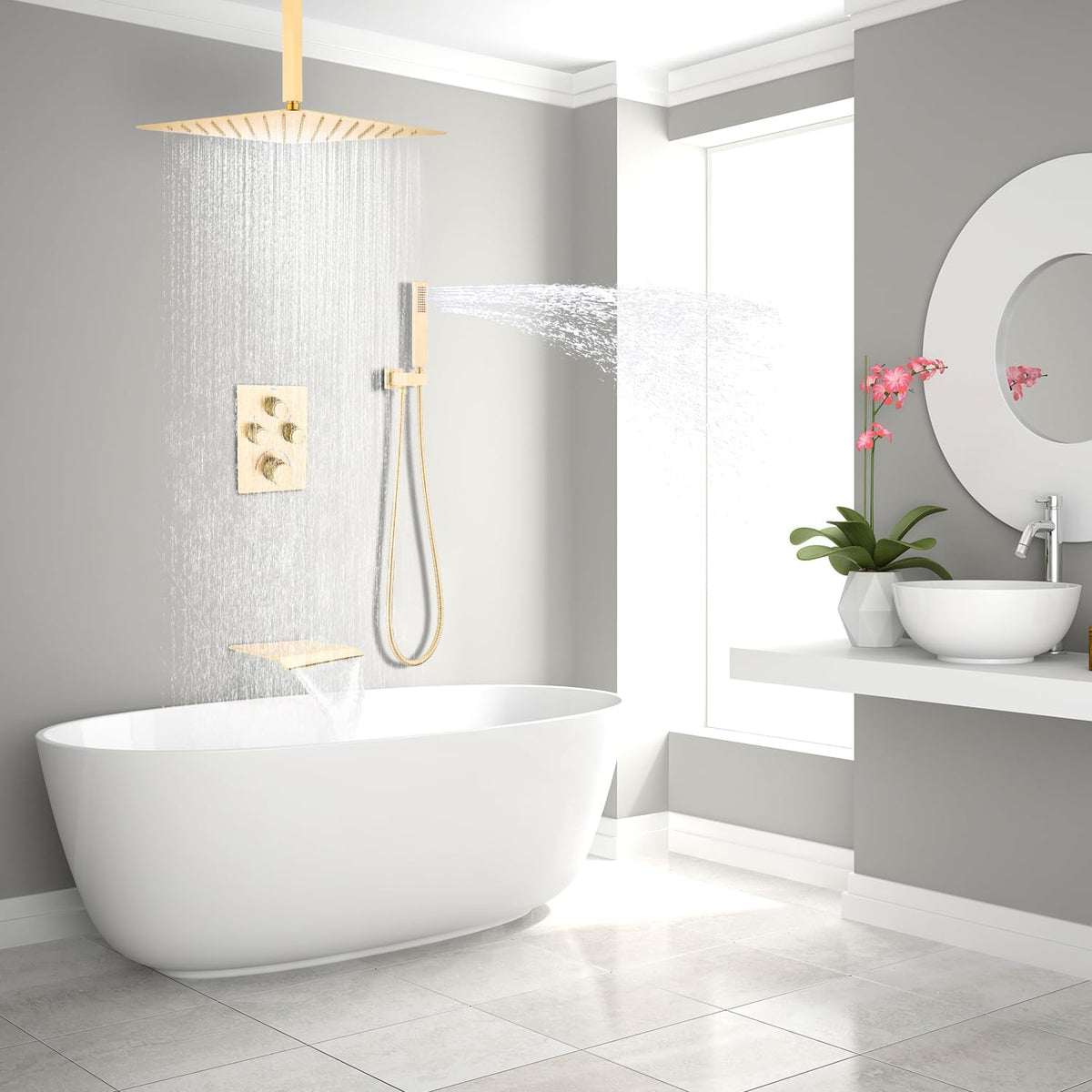 12 Inch Shower System Brass Mixer Waterfall Tub Spout Brushed Gold Bathroom Set