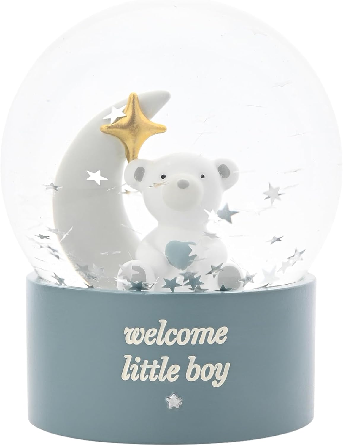 Bambino By Juliana 'Welcome Little Boy' Teddy & Moon Water Globe - Blue. Gifting to Celebrate Newborn Children, Family & Love - Present for New Born, Christening & Baby Shower.