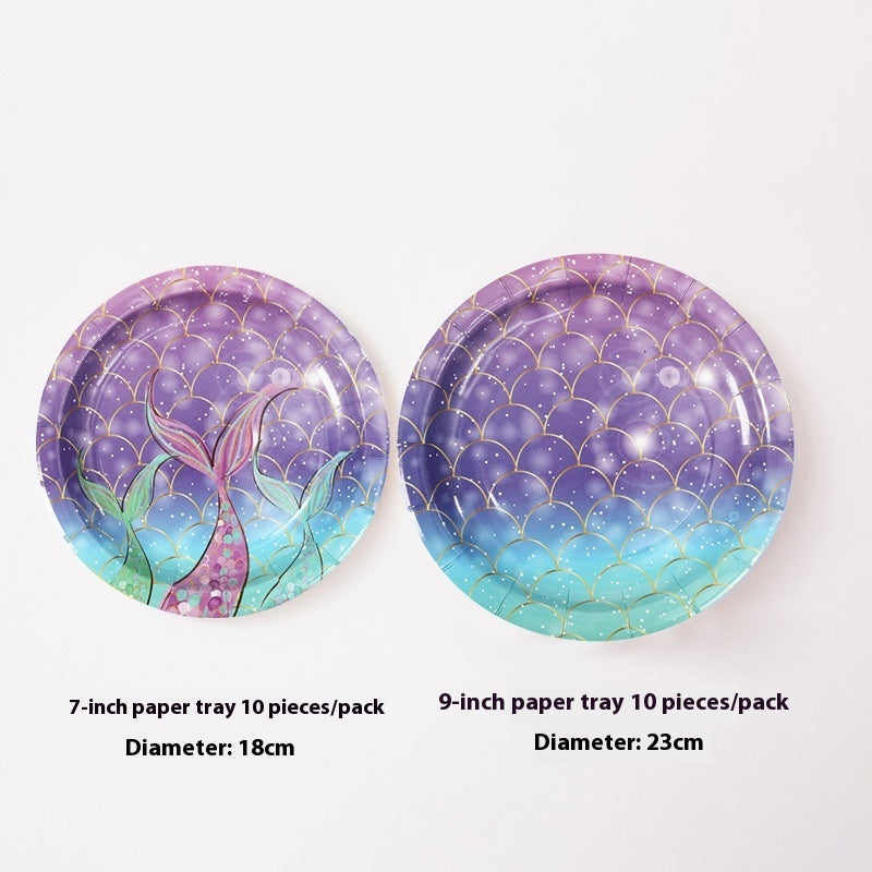 Mermaid Tail Theme Happy Birthday Paper Pallet Disposable Party Round Paper Pallet Suit Disposable Paper Cup