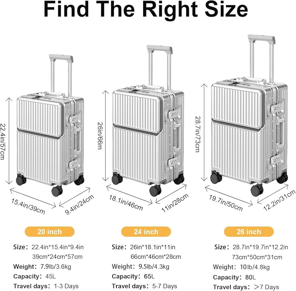 20 Inch Carry On Suitcase TSA Lock Hard Shell Aluminium Frame Silver Cabin Luggage