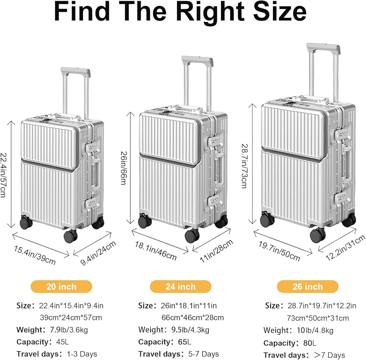 20 Inch Carry On Suitcase TSA Lock Hard Shell Aluminium Frame Silver Cabin Luggage