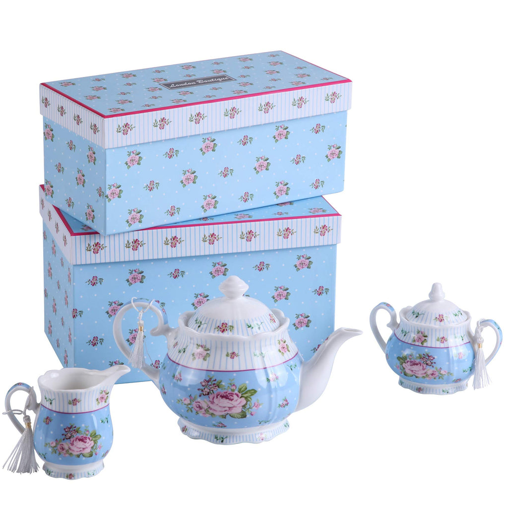 Porcelain Teapot Sets Teapot Sugar Bowl and Cream Milk Jug Shabby Chic Vintage Floral in Gift Box (Blue)