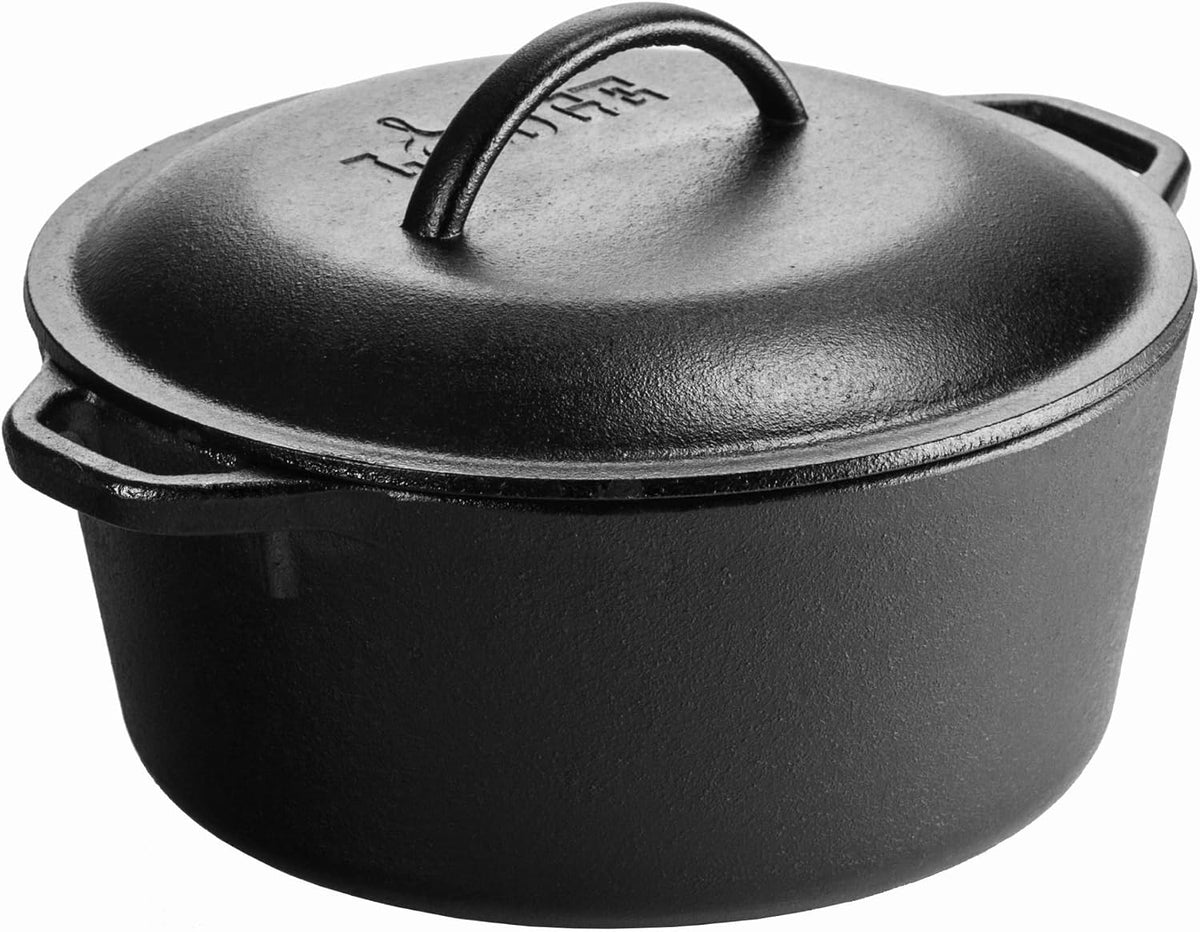 Lodge Dutch Oven, 5 qt,/ 4.7L Black, New but small scuffs to the rim of lid, open, scruffy box