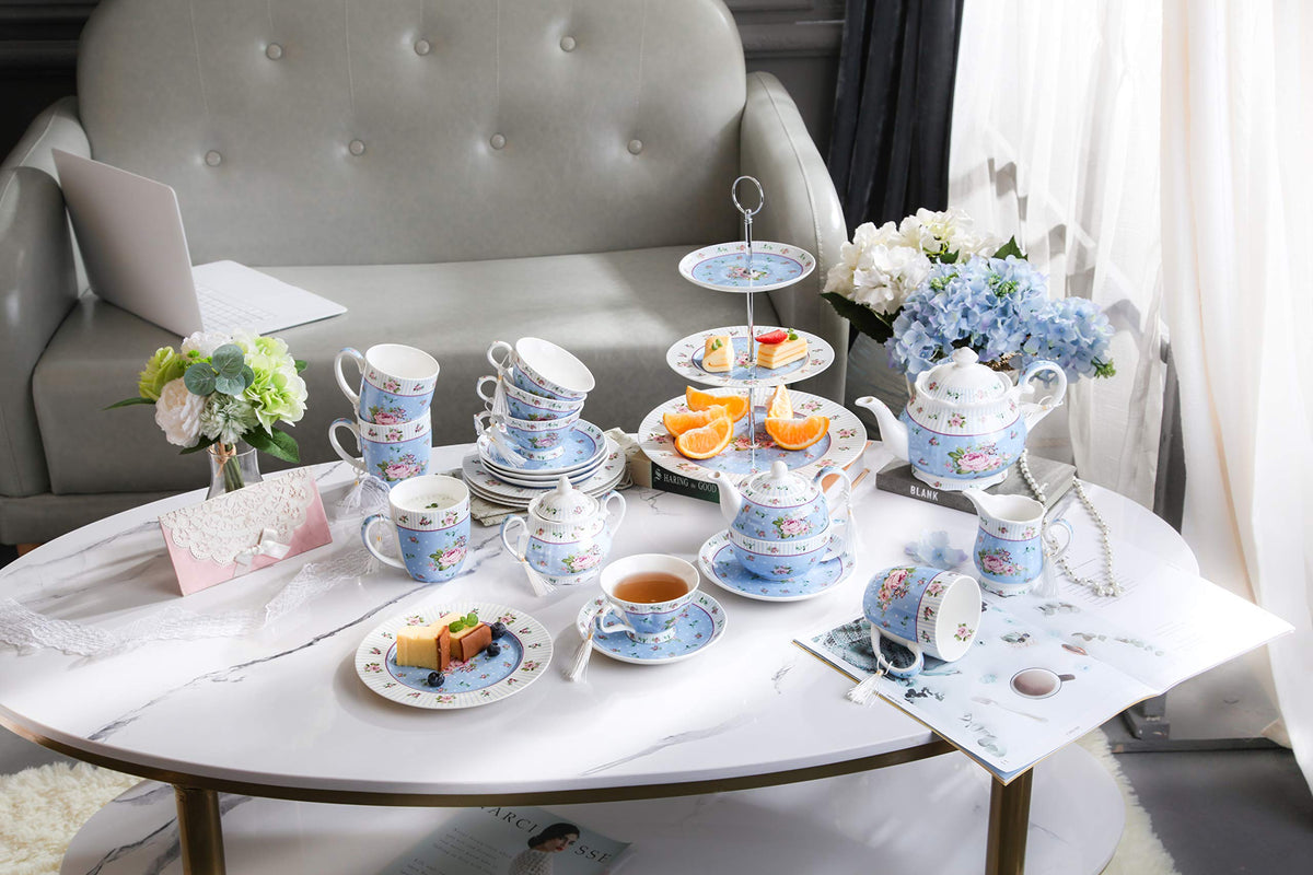 Porcelain Teapot Sets Teapot Sugar Bowl and Cream Milk Jug Shabby Chic Vintage Floral in Gift Box (Blue)