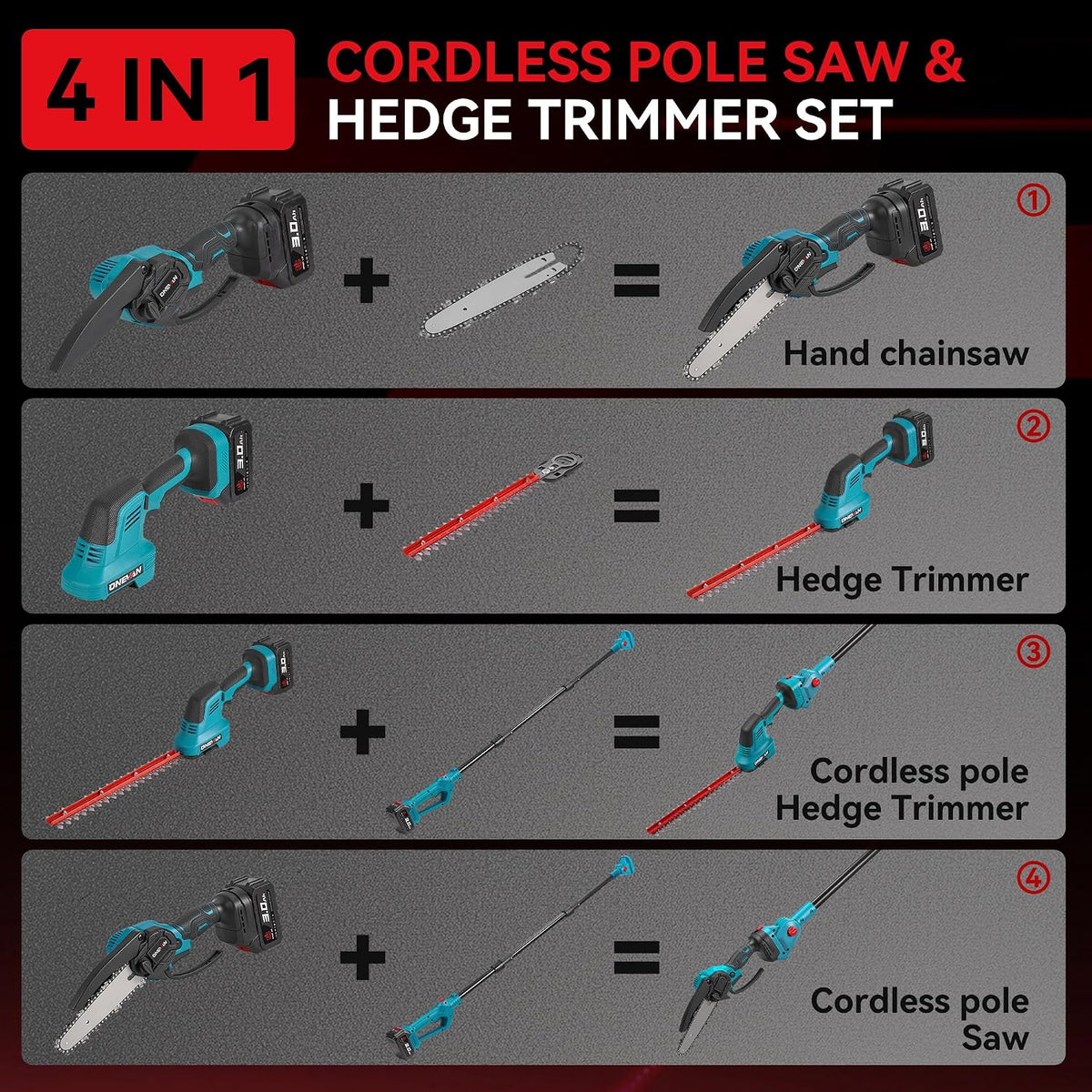 Cordless Pole Hedge Trimmer Pole Saw 4 in 1 7.05FT Extension ONEVAN Garden Tool