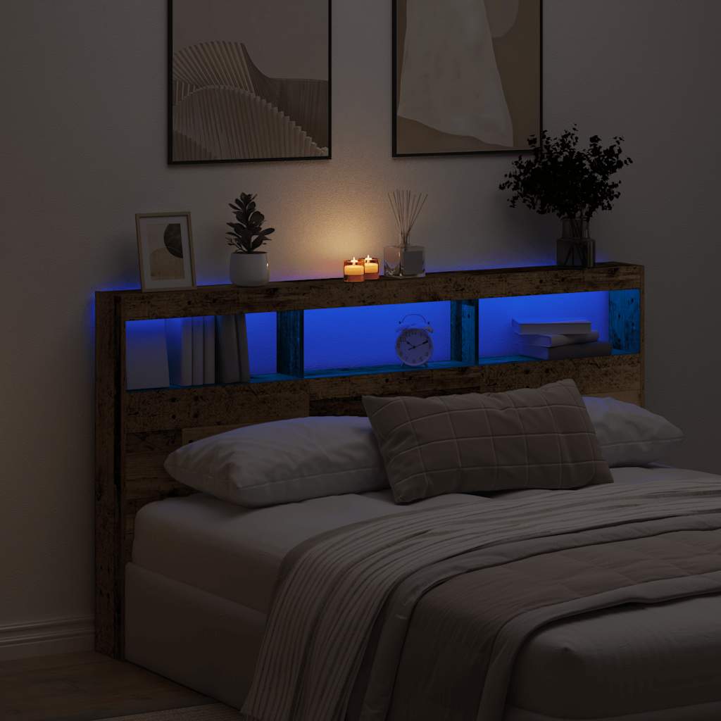 Headboard Cabinet with LED Old Wood 180x17x102 cm