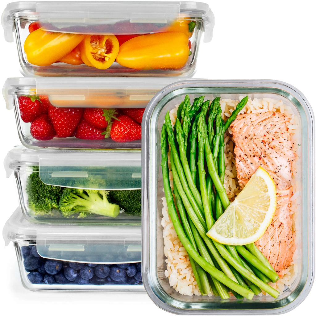 Glass Meal Prep Containers with Lids 5 Pack – 850ml Glass Food Storage & Lunch Containers, Borosilicate, Oven, Freezer & Microwave Safe, Leak-Proof