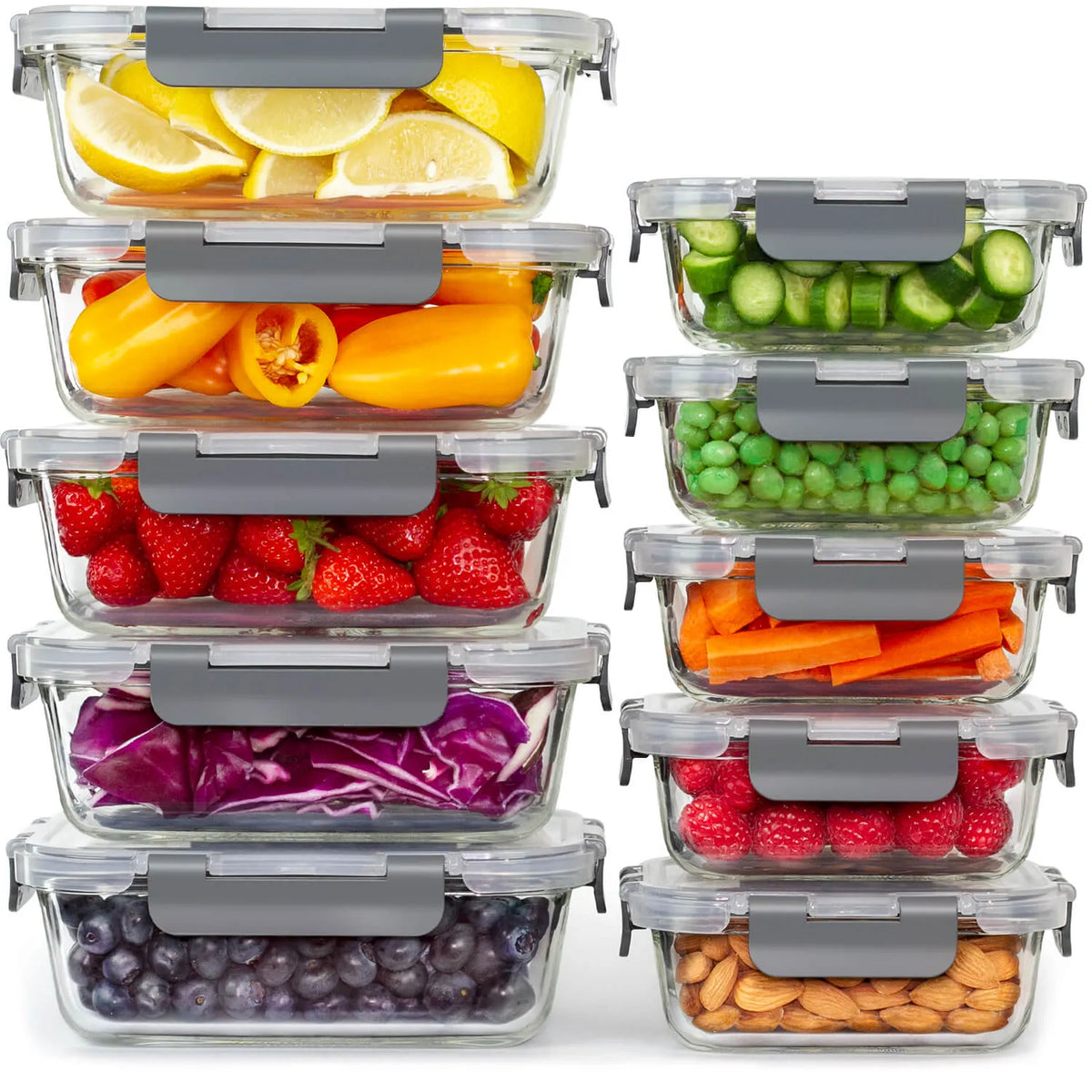 Glass Meal Prep Containers with Lids 10 Pack – Glass Food Storage Containers 5x 1040ml + 5x 370ml, Borosilicate, Oven, Freezer & Microwave Safe