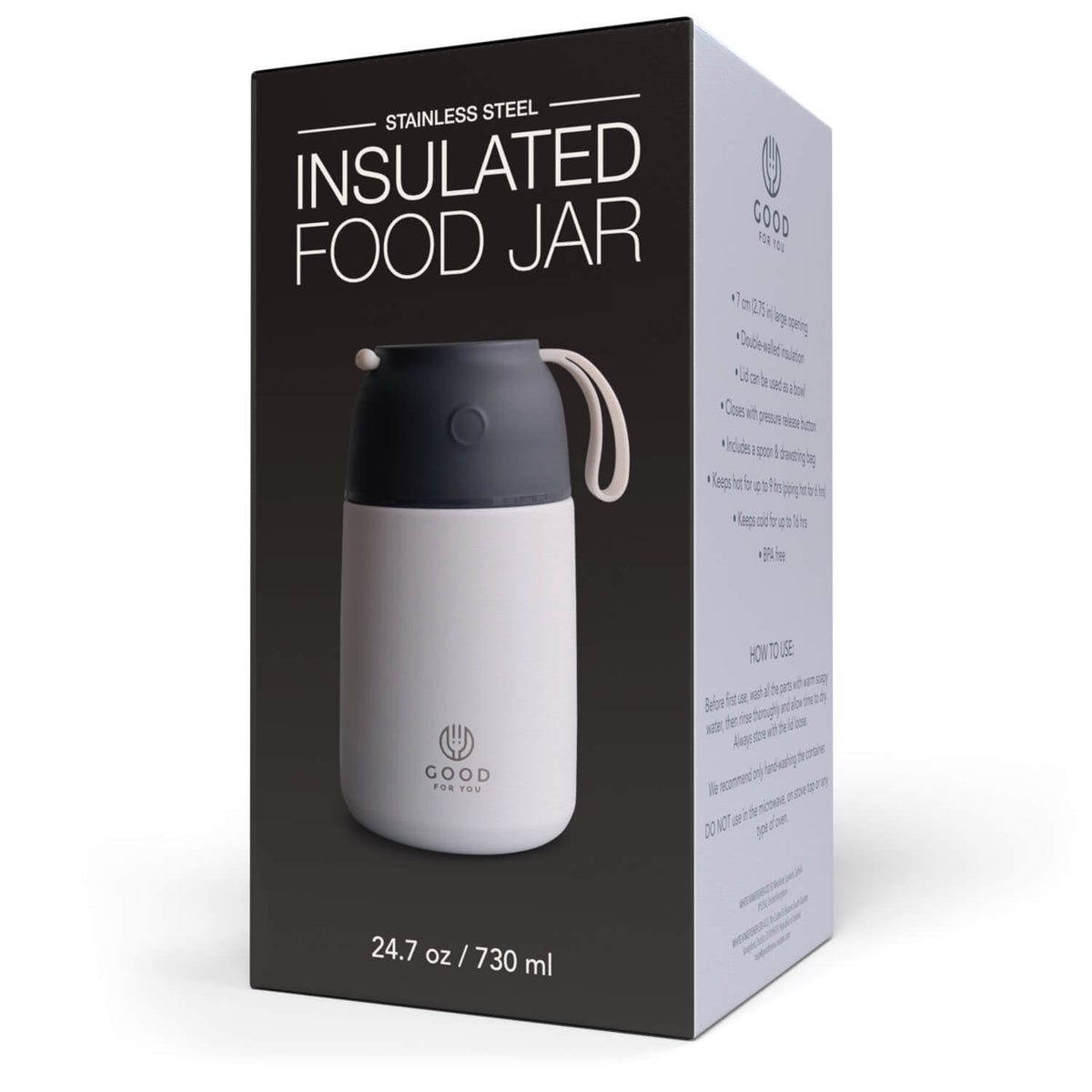 Insulated Food Flask 730ml for Adults – Hot Food & Soup Flask with Spoon for Work, Leak-Proof, BPA-Free Stainless Steel | White