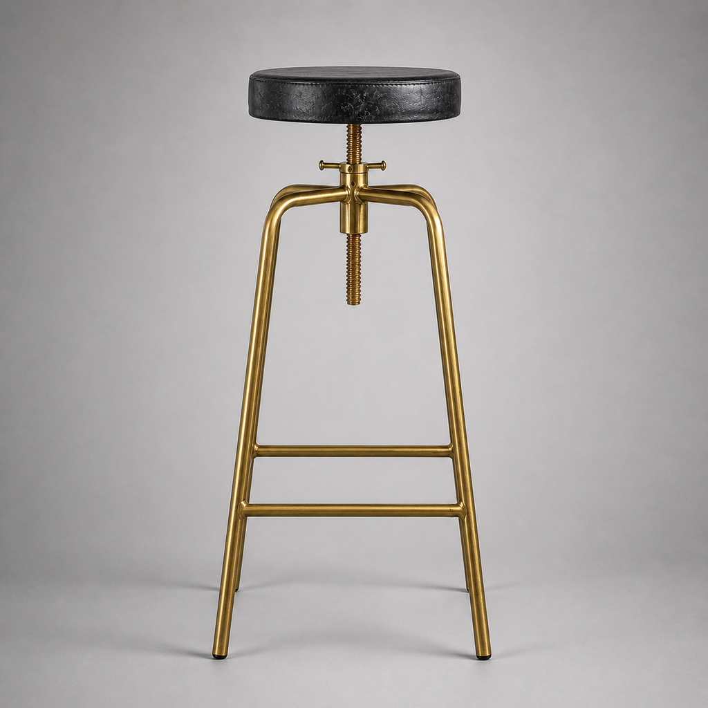 Antique Brass & Black Leather Adjustable Bar Stool