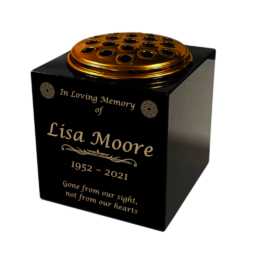 Granite Memorial Vase- Solid Granite – Free Personalised Gold Engraving, Celtic knot 2 – Includes Metal Flower Pot Insert