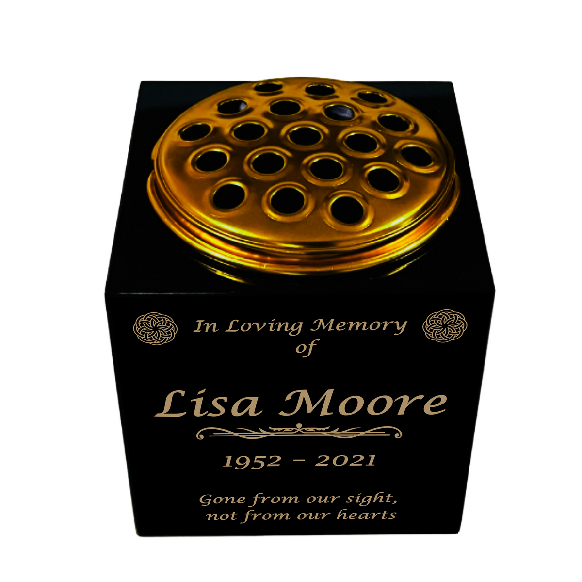 Granite Memorial Vase- Solid Granite – Free Personalised Gold Engraving, Celtic knot 2 – Includes Metal Flower Pot Insert