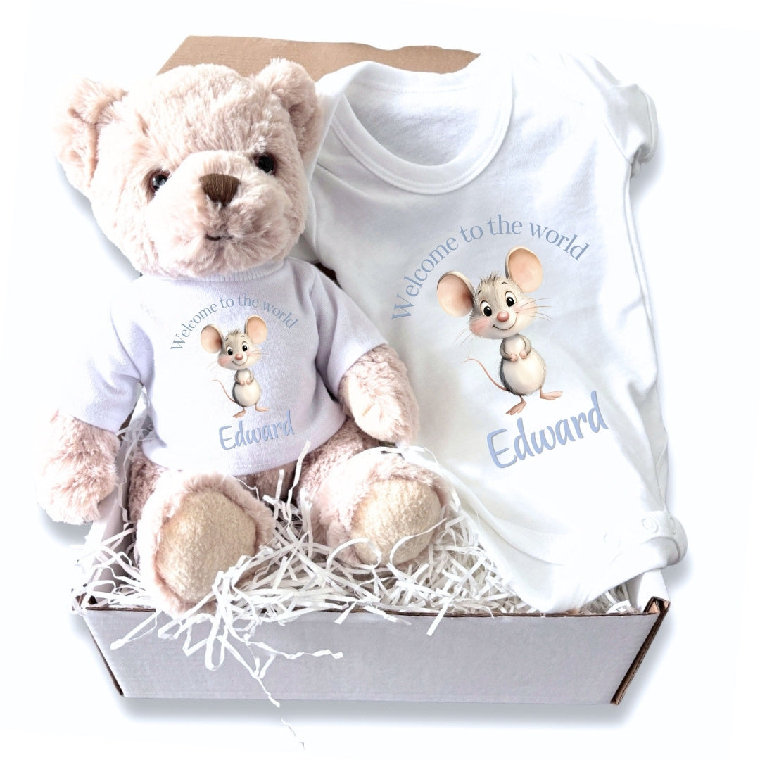 Personalised Blue Mouse Baby Gift Box - Teddy & Vest