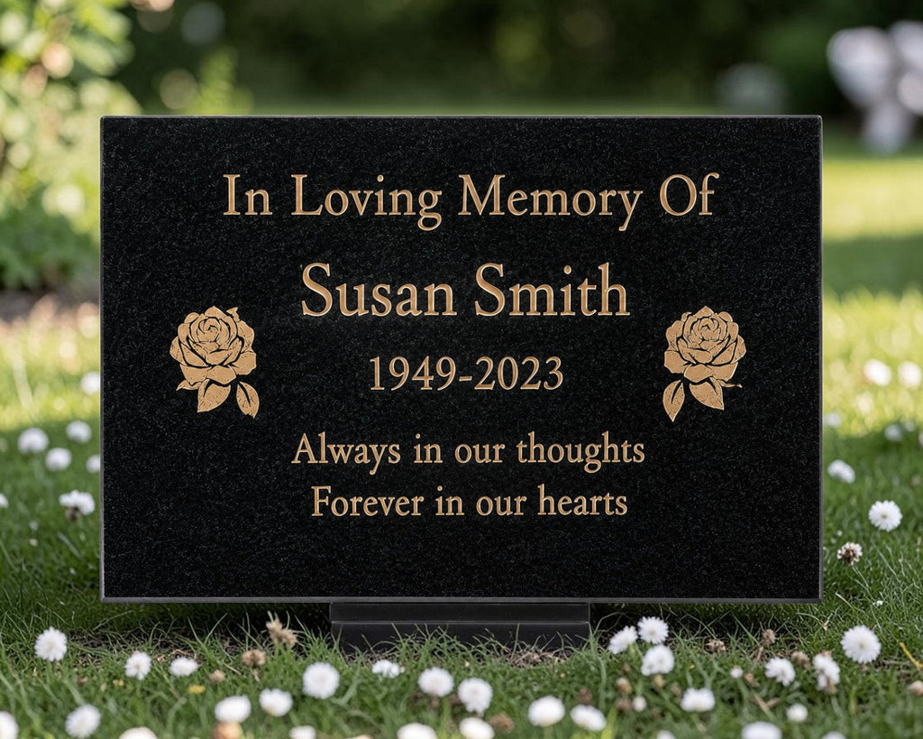 Granite Memorial Plaque, Rose Design, Personalised Engraved Tribute