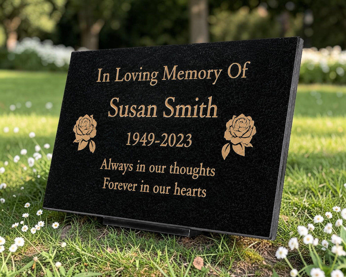 Granite Memorial Plaque, Rose Design, Personalised Engraved Tribute