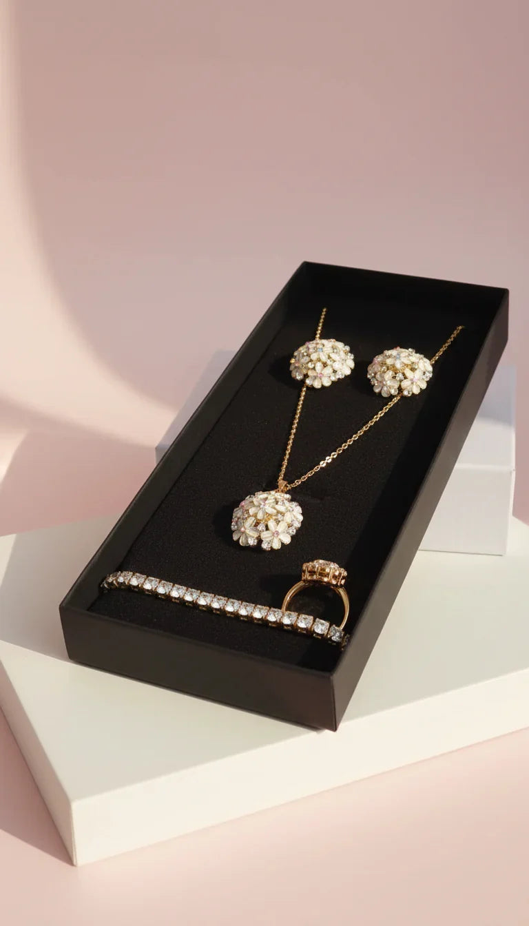 Cluster Crystal Necklace, Bracelet, Earrings & Ring Set With Gift Box