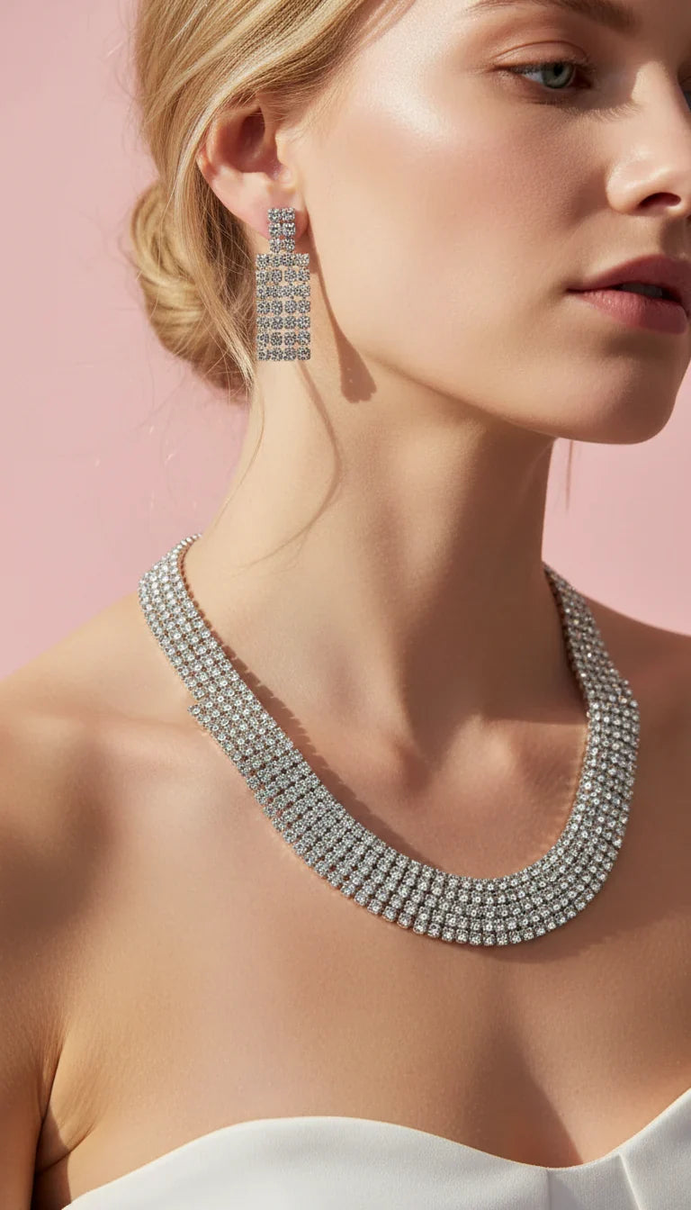 Oblong Crystal Graduated Necklace & Earrings Set