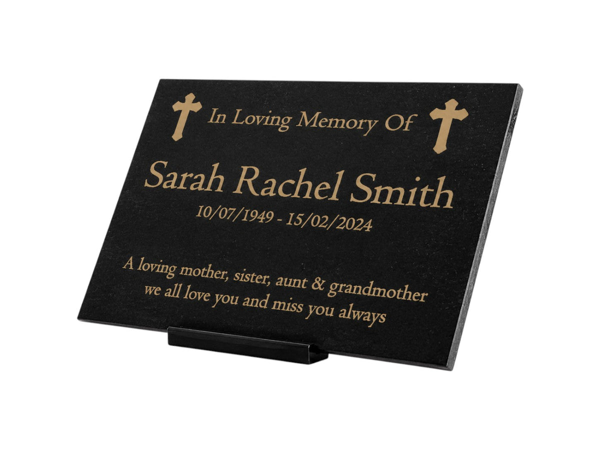 Granite Memorial Plaque, Cross Design, Personalised Engraved Tribute