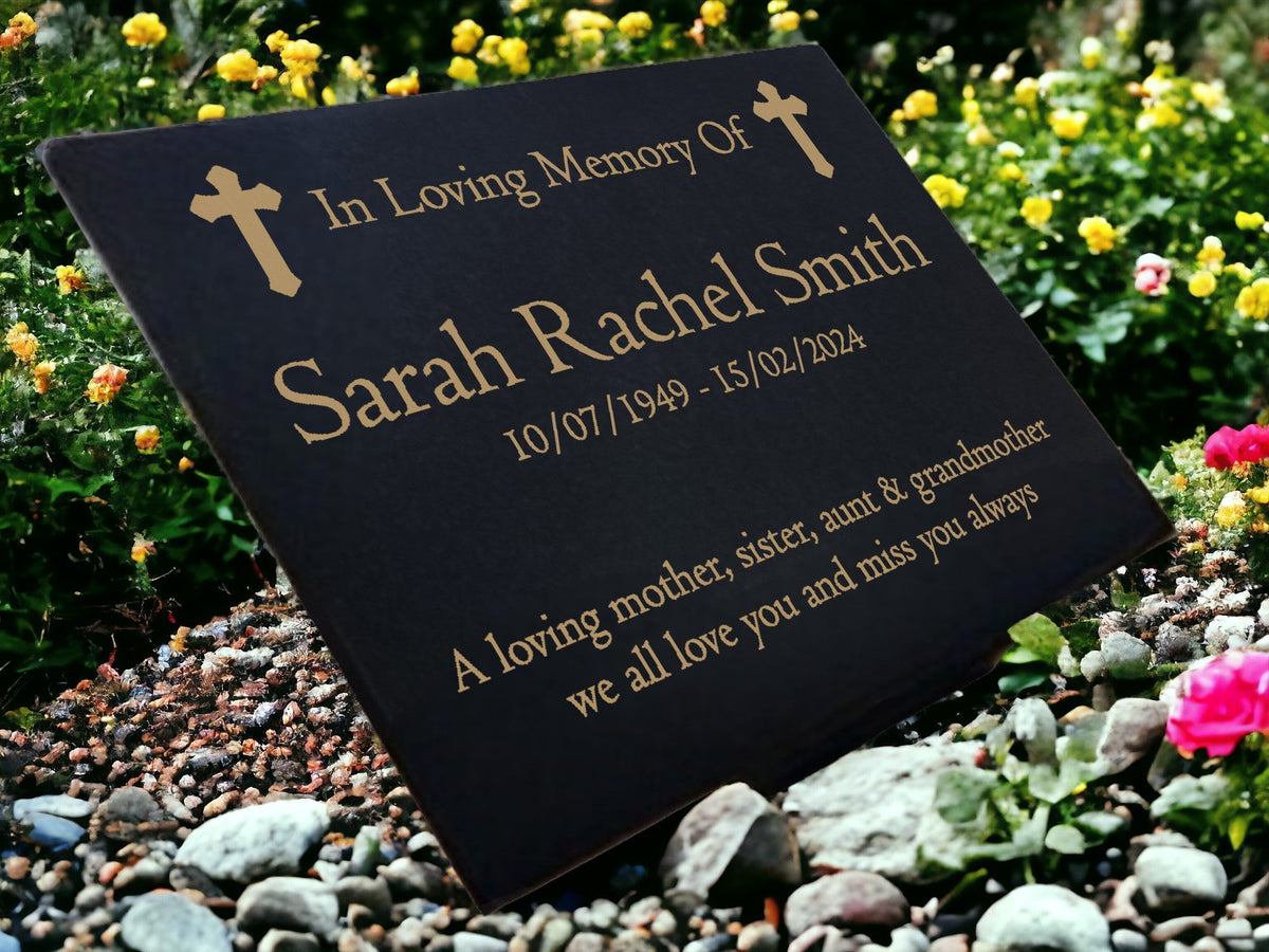 Granite Memorial Plaque, Cross Design, Personalised Engraved Tribute