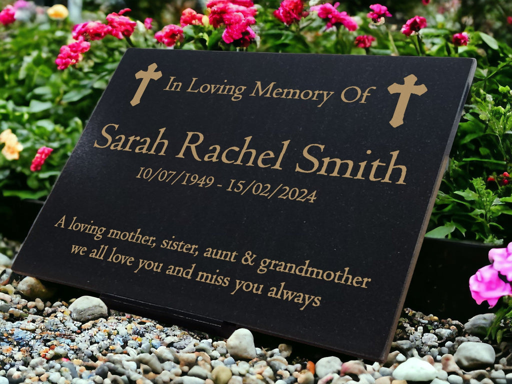 Granite Memorial Plaque, Cross Design, Personalised Engraved Tribute