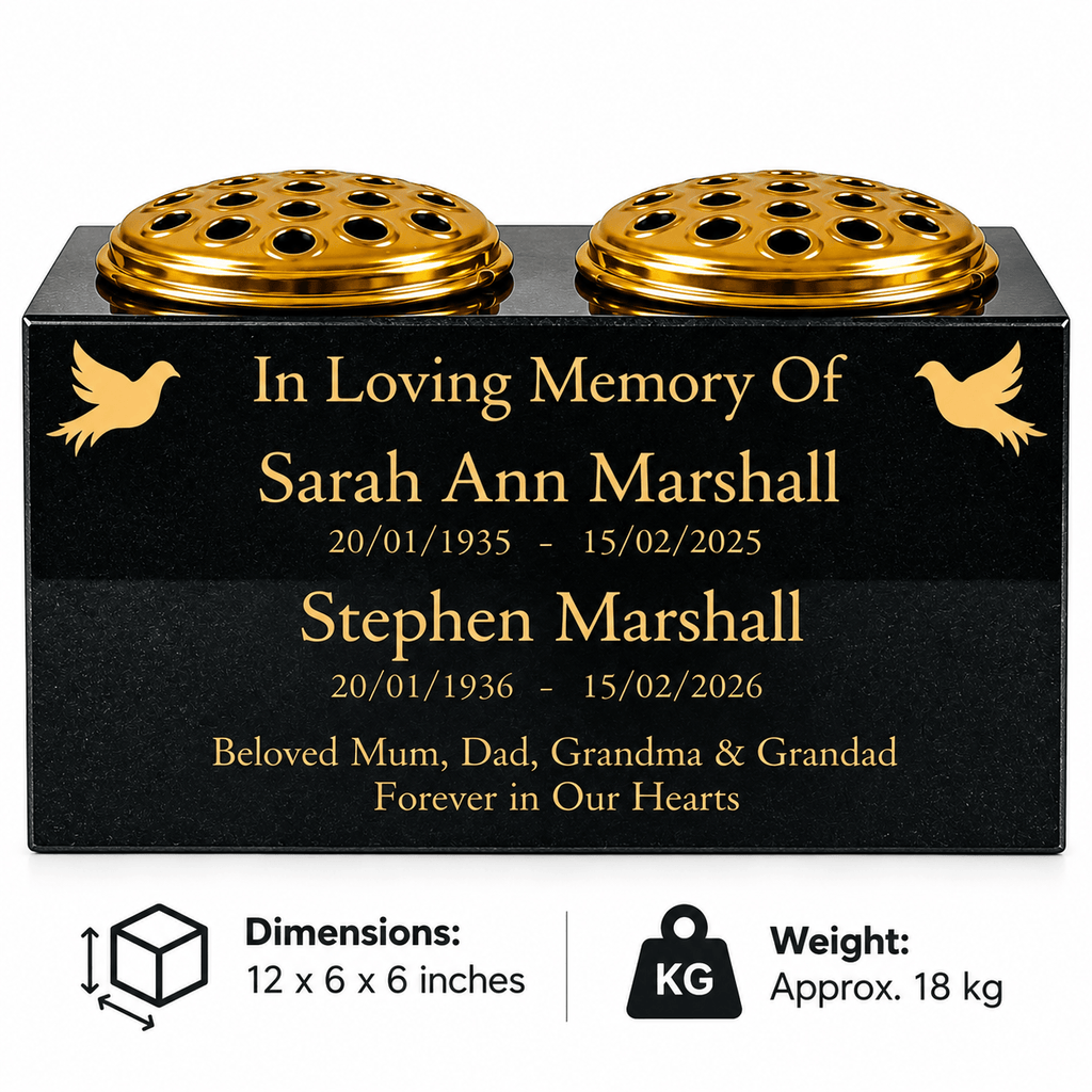 Personalised Granite Double Memorial Vase – Two Names & Two Flower Holders 12x6x6 inches