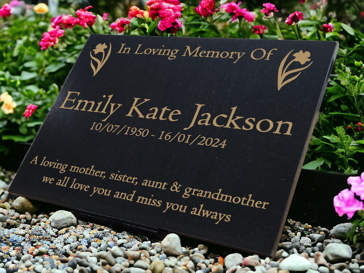 Granite Memorial Plaque, Daffodil Design, Personalised Engraved Tribute