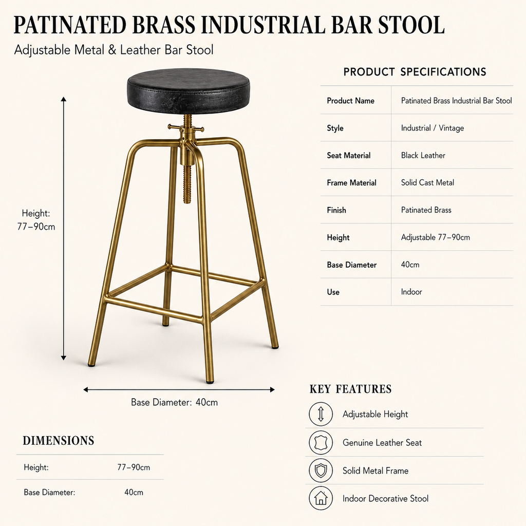 Antique Brass & Black Leather Adjustable Bar Stool