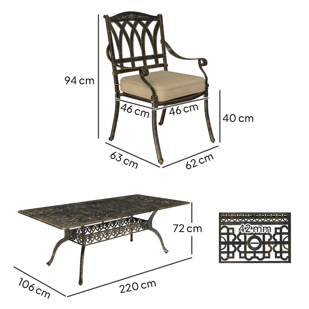 Outsunny 9 Pieces Cast Aluminium Garden Dining Set with Parasol Hole, Bronze