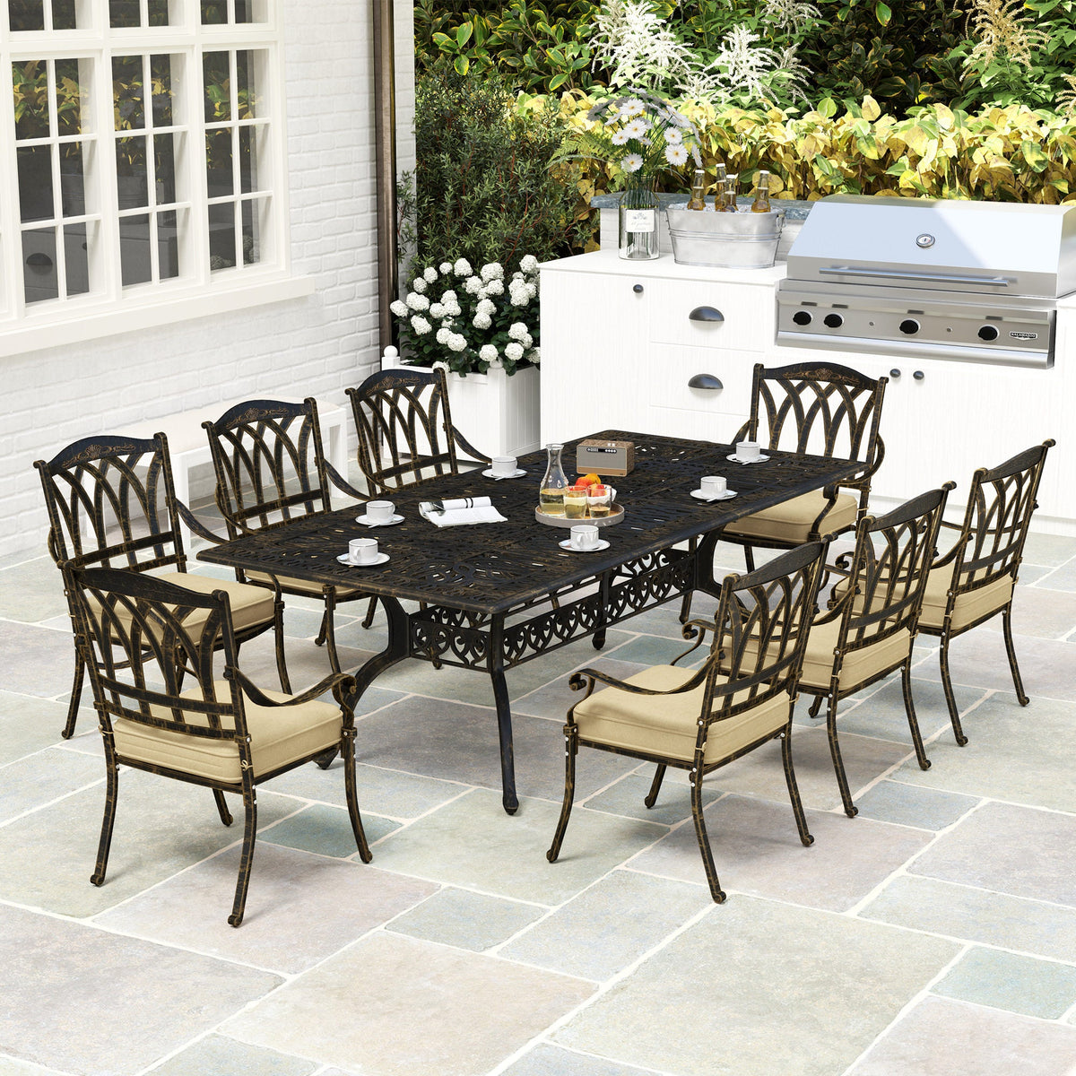 Outsunny 9 Pieces Cast Aluminium Garden Dining Set with Parasol Hole, Bronze