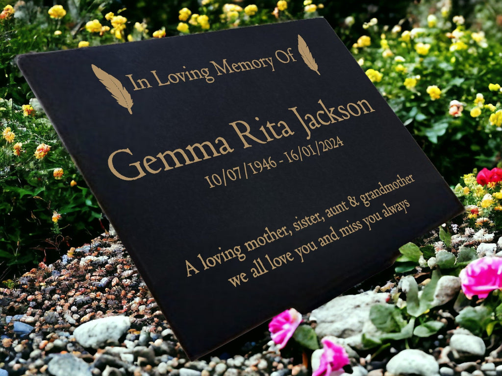Granite Memorial Plaque, Feather Design, Personalised Engraved Tribute