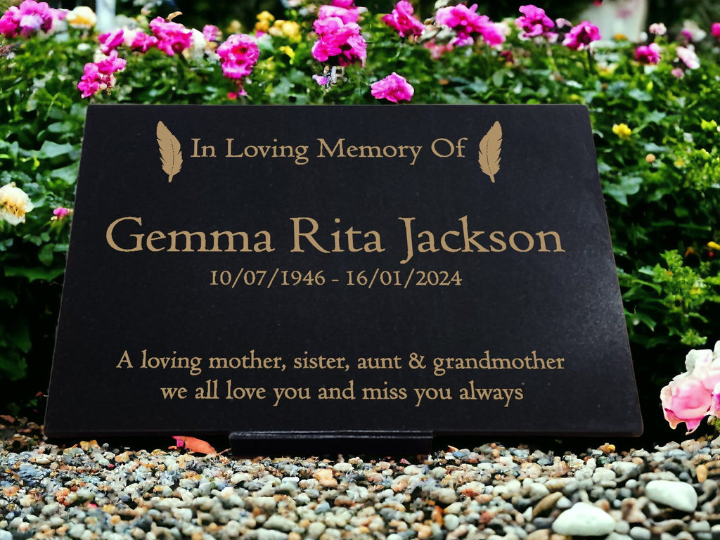 Granite Memorial Plaque, Feather Design, Personalised Engraved Tribute