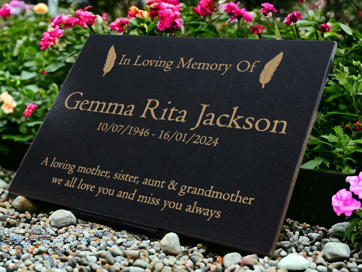 Granite Memorial Plaque, Feather Design, Personalised Engraved Tribute