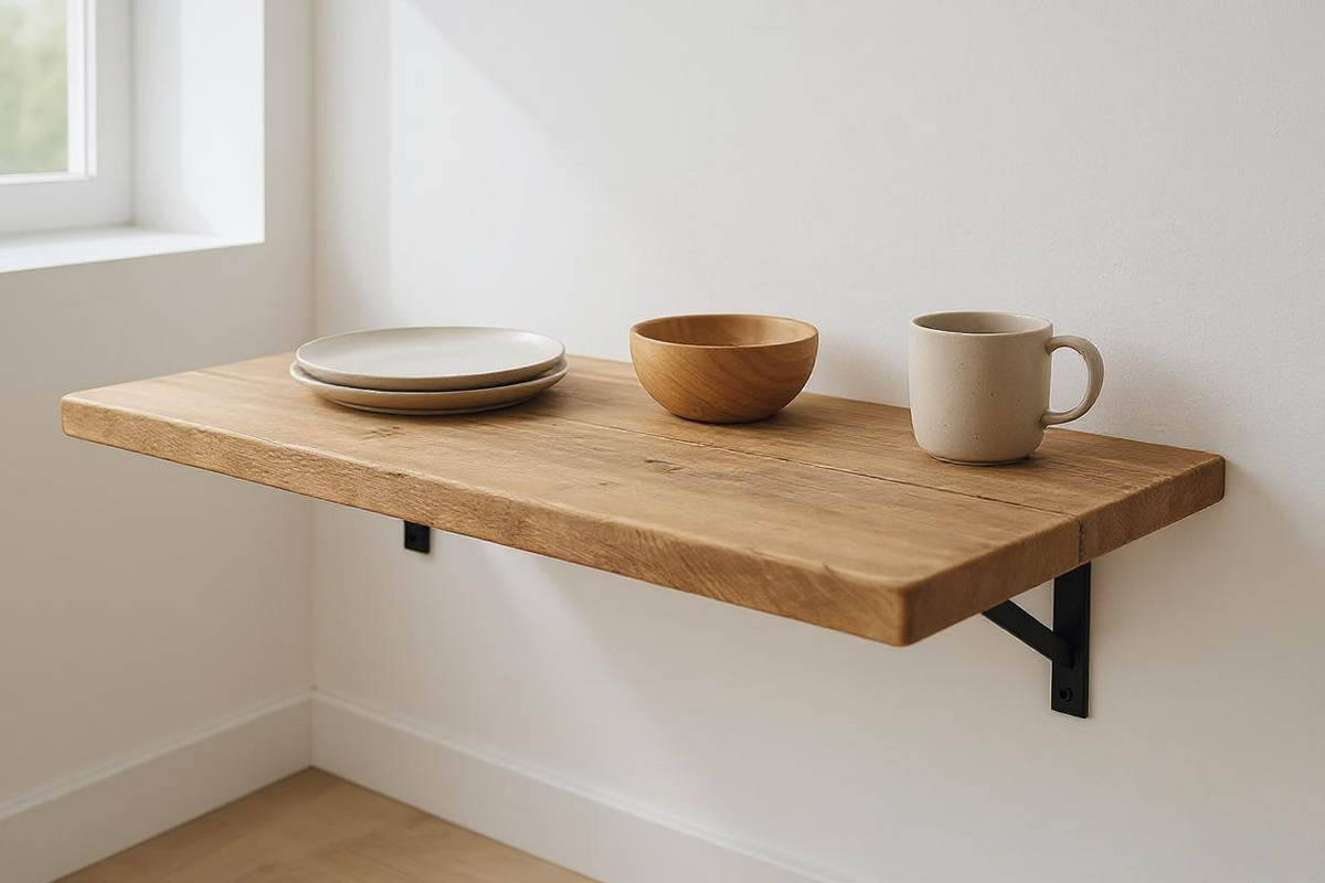 Foldable Wall-Mounted Solid Wood Table – Rustic Wood with Heavy-Duty Black Brackets – Space-Saving Desk for Kitchen, Office, or Small Spaces