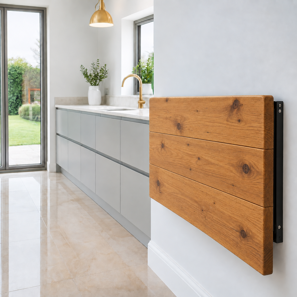 Foldable Wall-Mounted Solid Wood Table – Rustic Wood with Heavy-Duty Black Brackets – Space-Saving Desk for Kitchen, Office, or Small Spaces