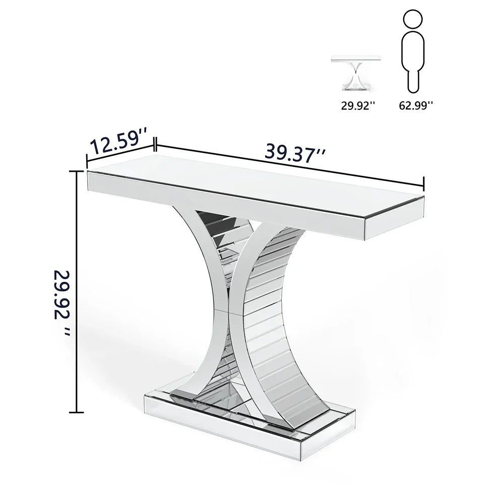 Mirrored Glass Console Table — Contemporary Entryway & Living Room Display Table | Silver | 43.3"W