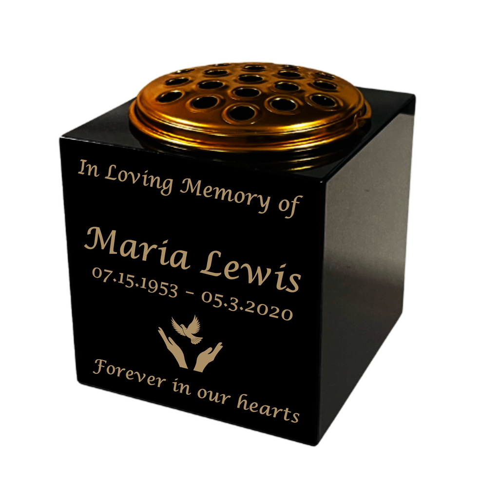 Granite Memorial Vase- Solid Granite – Free Personalised Gold Engraving, Hands with Dove  – Includes Metal Flower Pot Insert