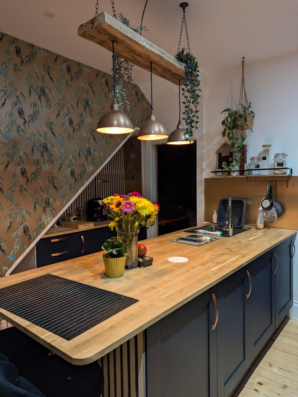 Wooden Beam Light with Copper Shades | Kitchen Island & Breakfast Bar Lighting