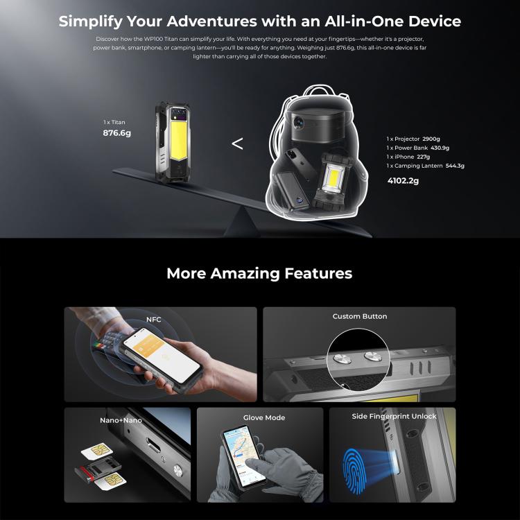 Oukitel WP100 TITAN 5G Projector Rugged Phone, 16GB+512GB, 200MP Camera, Fingerprint Identification, 6.8 inch Android 14 MediaTek Dimensity 7300 Octa Core, NFC, OTG, Network: 5G, WP100 TITAN