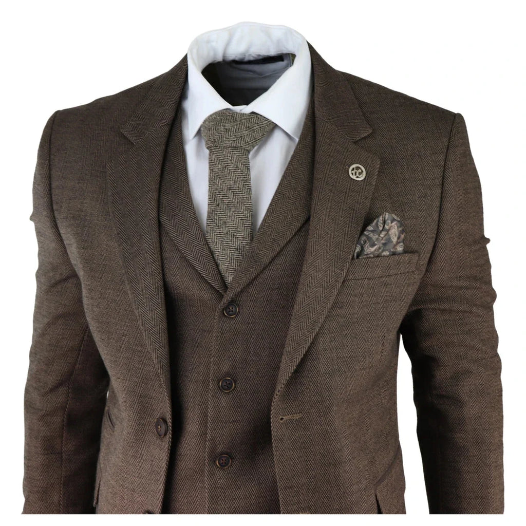 AK-06 - Men's Herringbone Tweed Brown 3 Piece Suit Wedding Blinders