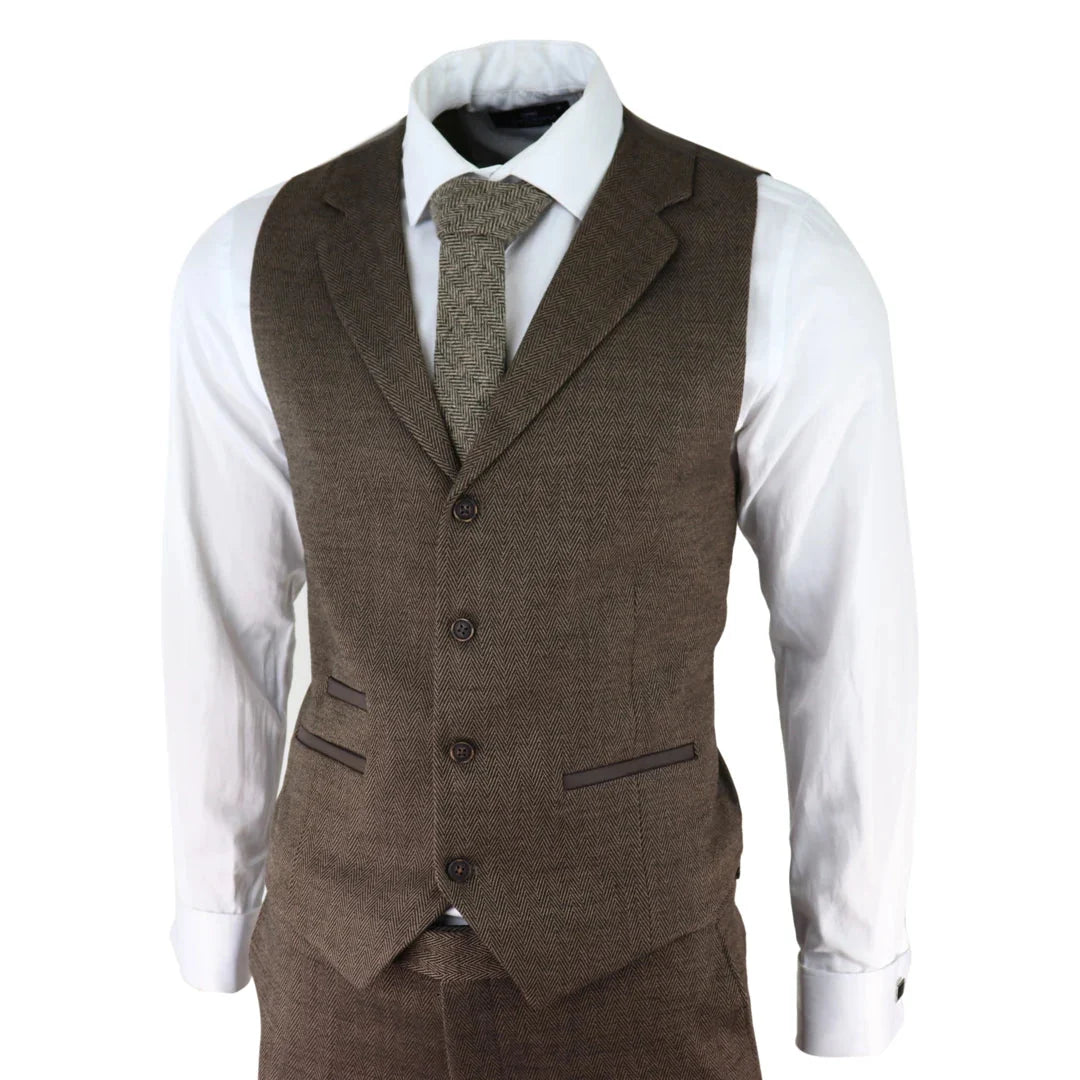 AK-06 - Men's Herringbone Tweed Brown 3 Piece Suit Wedding Blinders