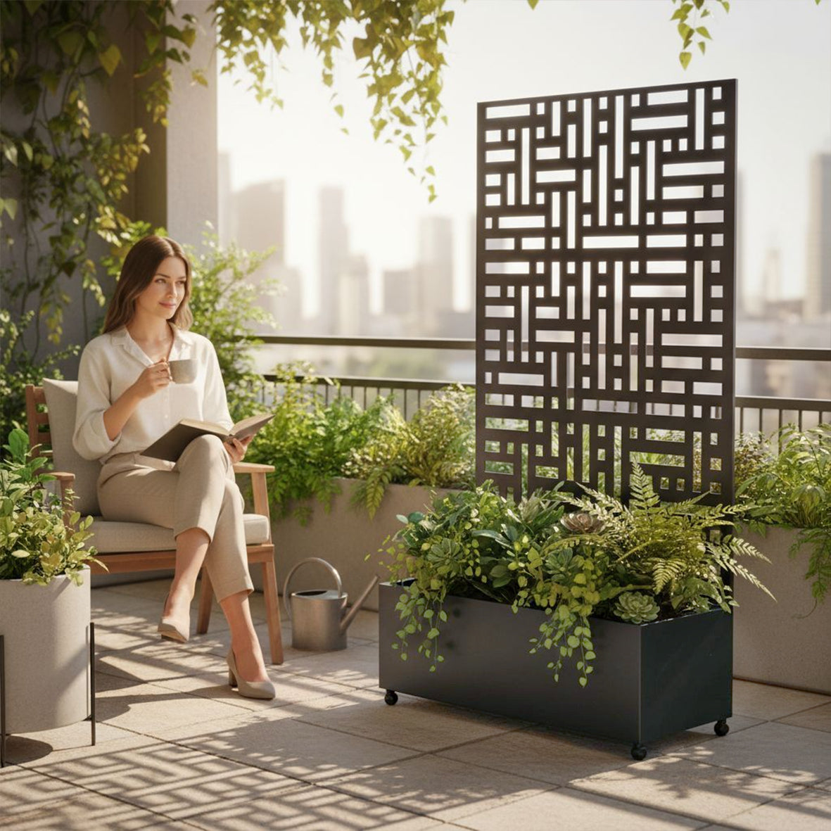 Metal Indoor/Outdoor Privacy Screen with Plant Pot - Maze