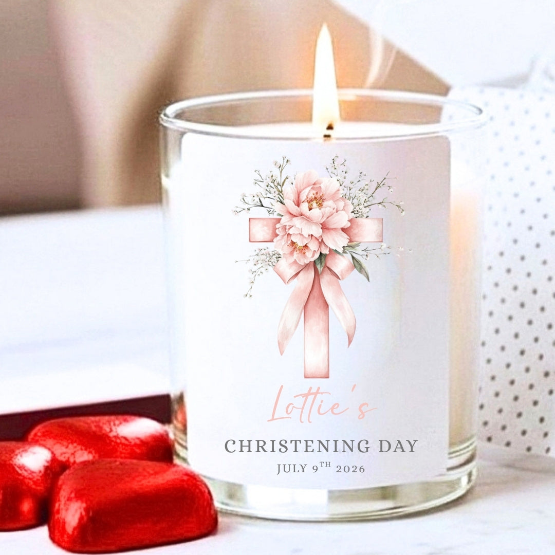 Personalised Floral Cross Christening Day Candle Gift Set – Christening Gift