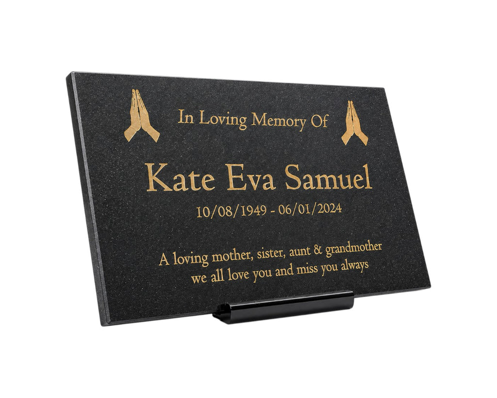 Granite Memorial Plaque, Praying Design, Personalised Engraved Tribute