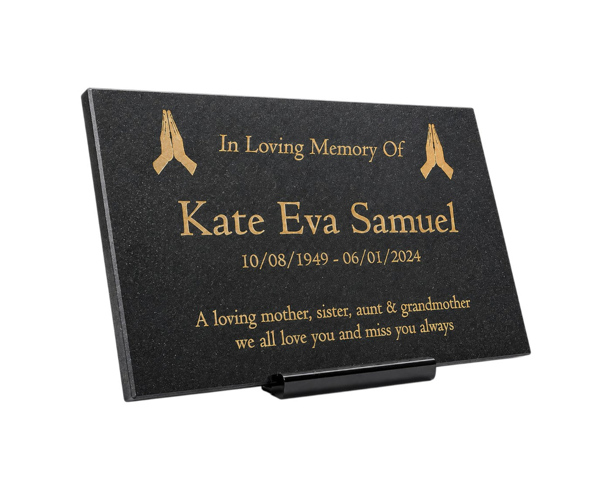 Granite Memorial Plaque, Praying Design, Personalised Engraved Tribute
