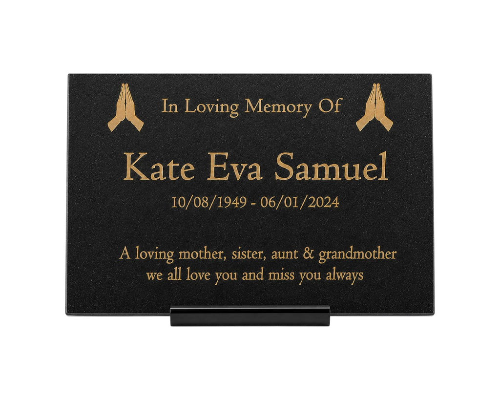 Granite Memorial Plaque, Praying Design, Personalised Engraved Tribute