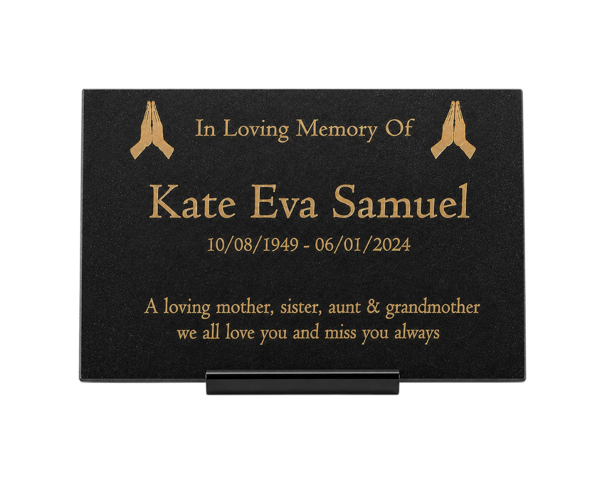 Granite Memorial Plaque, Praying Design, Personalised Engraved Tribute
